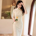Vintage White Ladies Dress Elegant Slim Cheongsam Qipao Floral Ladies Gentle Party Dresses Summer Traditional Women's Chiffon