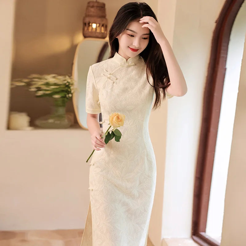 Vintage White Ladies Dress Elegant Slim Cheongsam Qipao Floral Ladies Gentle Party Dresses Summer Traditional Women's Chiffon