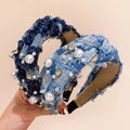 New Fashion Women Hair Accessories Denim Wide Side Headband Mix Pearls Hairband Center Knot Headwear