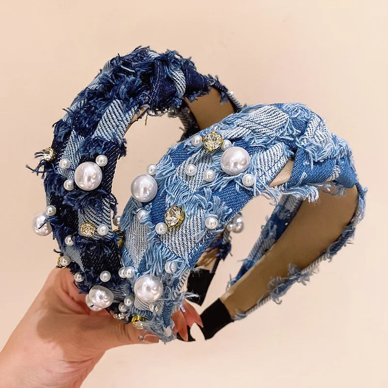 New Fashion Women Hair Accessories Denim Wide Side Headband Mix Pearls Hairband Center Knot Headwear