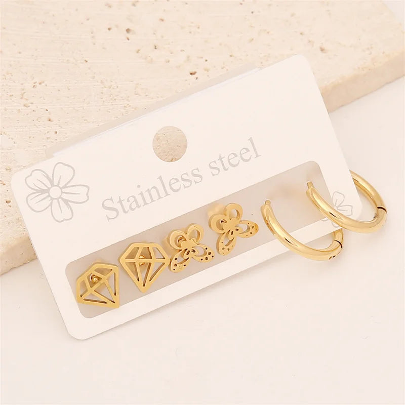 PVD Stainless Steel Gold Plated Earrings Set Simple Hollow Diamond Star Butterfly Stud Hoop Earrings Set for Women