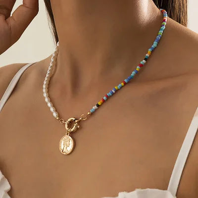 Boho Pearl Beads Charm Necklace Rainbow Colorful Seed Bead Pastel Half Pearl Half Chain Necklaces  Fashion Glass Beaded Jewelry