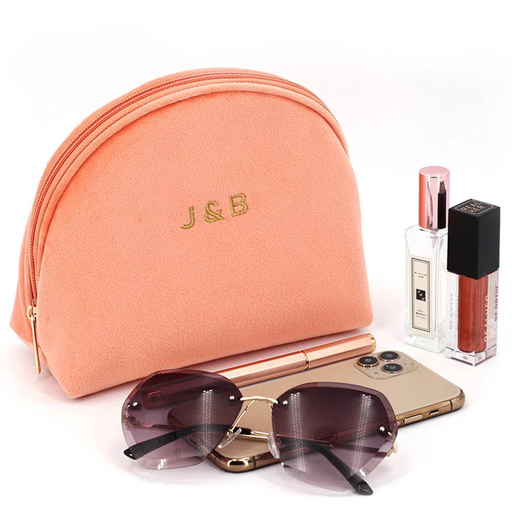 Pink Velvet Travel Makeup Bag With Half Moon Shape Round Cosmetic Bag Velvet Cosmetic Zipper Pouch