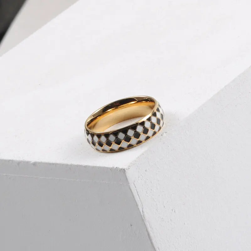 Joolim Stainless Steel Jewelry 18K Gold Plated Rhombus Checkerboard-Patterned Black and White Oil-Dripping Ring for Women