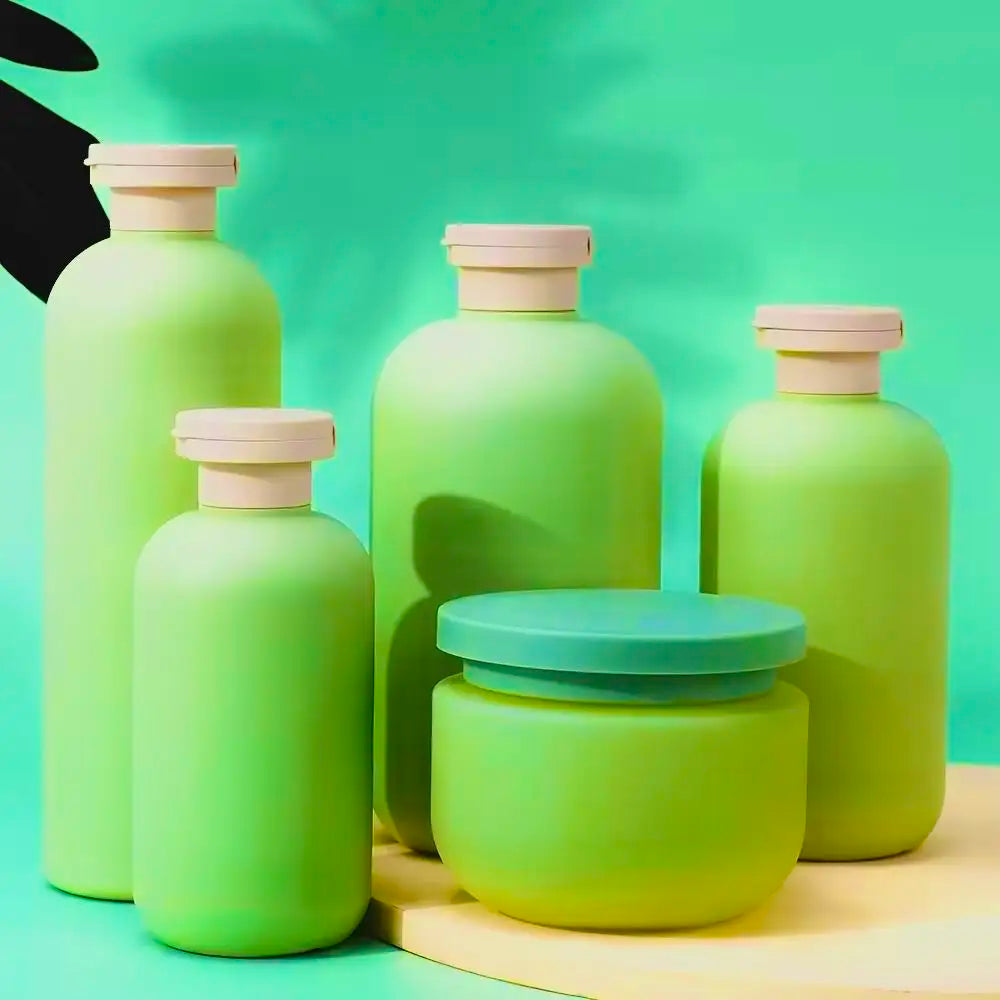 Eco-friendly 200ml 300ml 500ml Frosted Green HDPE Extruded Plastic Container 8oz Body Lotion Jar Pump Sprayer 16oz Shampoo
