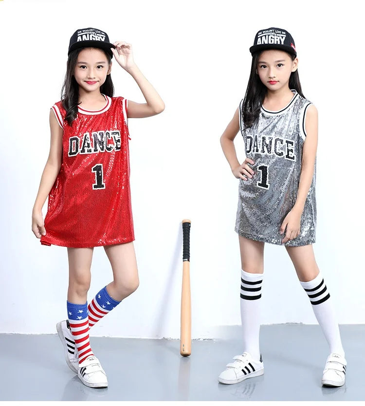 Girls Hip Hop Dance Clothes Jersey Sequin Dress Long Tank Top Jazz Cheerleading T Shirt for Performance
