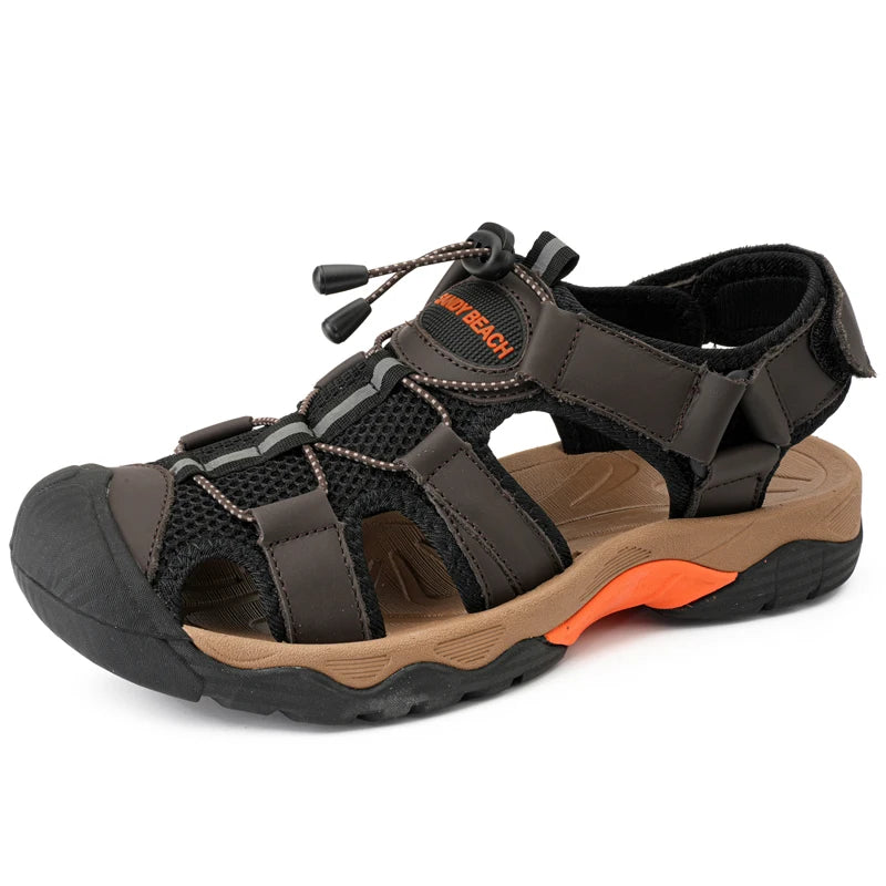 Factory Supply Large Size Hand Made Sewing Cow Leather Mesh Upper Toe Closed Men Outdoor Adjustable Summer Beach Sandal