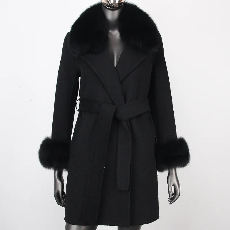 OFTBUY 2024 Double Breasted Wool Cashmere Coat Real Fox Fur Suit Collar Long Overcoat Double Sided Belted Double Sided Closure