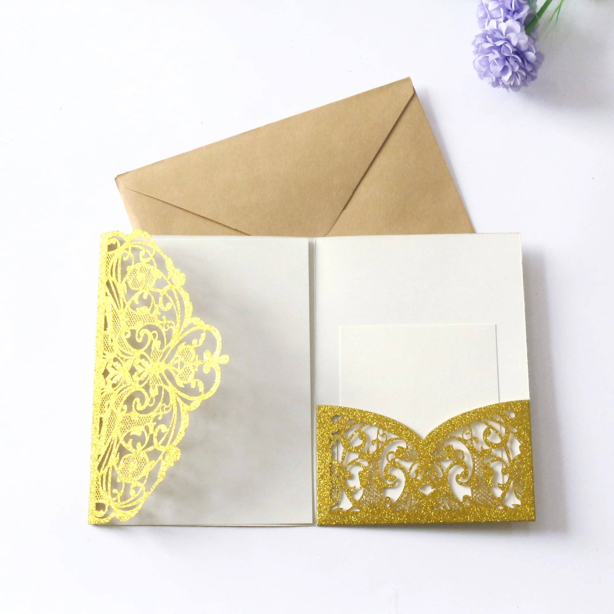 Luxury Tri-Fold Wedding Invitation Card Envelope Customizable Blank Gold Glitter Paper with Music Style for Your Special Day