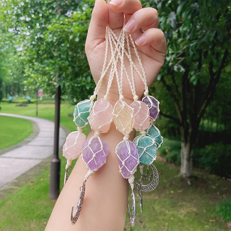 Handmade Natural Rough Stone Amethyst Rose Quartz Crystal Sun Catcher Car Accessories Interior Star and Moon Woven Car Pendant