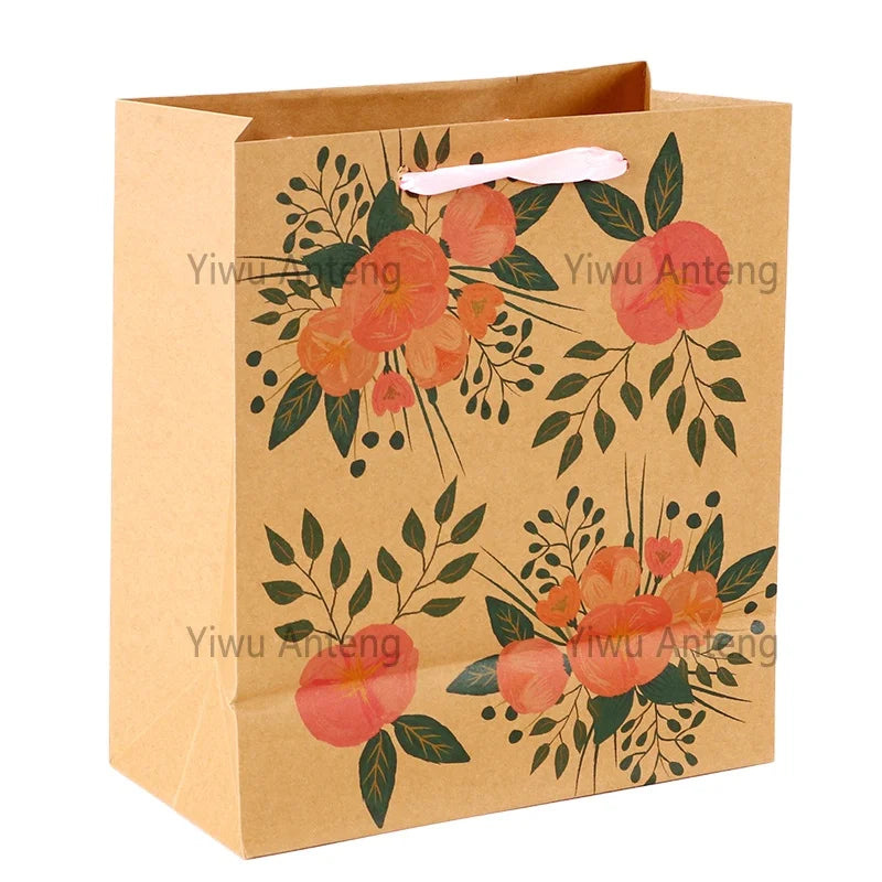 Packaging Bags Reusable Kraft Paper Floral Gift Bags with Pink Ribbon Handles for Party Favors Weddings Birthday Celebration