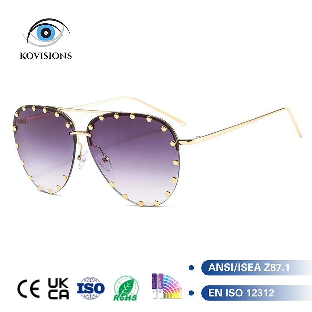 Rimless Pilot Sunglasses 100% UV Blocking Protection Lens Studded Metal Frame Stylish for Women Party Travel