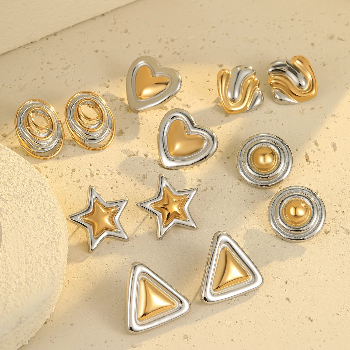 Two-Tone Tarnish Fee Stainless Steel Geometric Gold Heart Star Stud Earrings Daily Waterproof Earring for Women Bijoux Femme