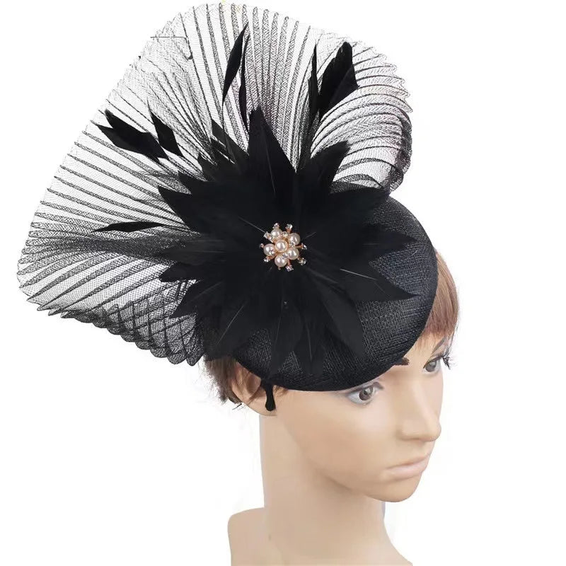 Wholesale Feather Linen Hemp Yarn Fascinator Sinamay Bridal Church Party Headband Hat for Women Hair Accessories
