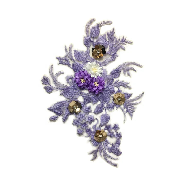 3D Flower Embroidery Purple Applique Lace Sewing DIY Garment Decorations LT2386A