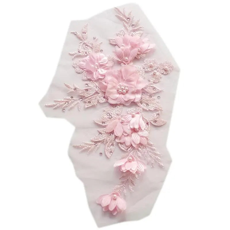 Net Embroidery 3D Flowers Lace Applique for Wedding Dress Show Clothing Decoration CA015 With Beaded Rhinestone