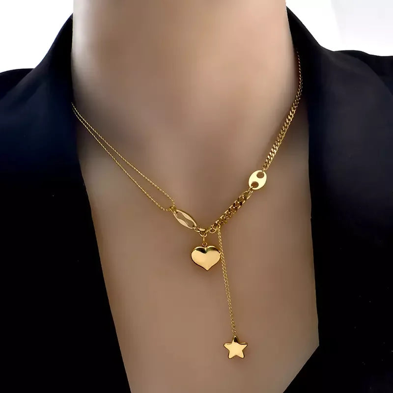 Wholesale Fashion New Designs 18K Gold Hip Hop Star Tassel Stereoscopic Heart Clavicle Chain Steel Necklaces for Women