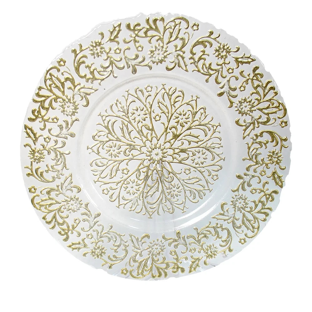 Eco-Friendly Gold Embroidery Pattern Plain Glass Dinner Plates Handmade Fancy Design Chargers for Wedding Event Decoration