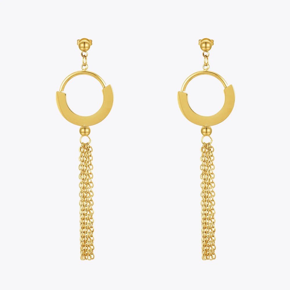 Latest 18K Gold Plated Stainless Steel Jewelry Bead Round Hoop Chain Tassel Drop Earrings Waterproof for Women Earrings E241618