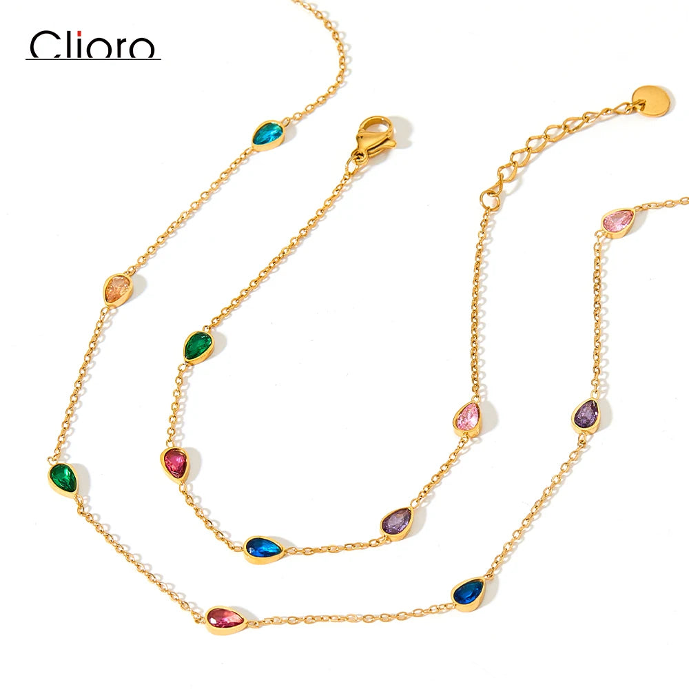 Trendy Jewelry Stainless Steel 14K Gold-plated Water Drop Colored Zircon Link Chain Bracelet Anklets Foot Chain Necklace Set