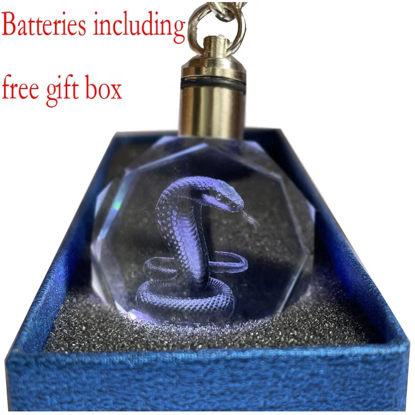 2025 Year Snake Keyrings Led Light 3d Laser Key Chains Serpent Animal Custom Crystal Glass Snake Keychain for Promotional Gifts