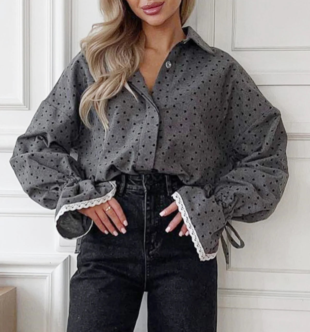 Enyami New Style Designed Cuff Lace Patchwork Blouse Heart Printing Women's Loose Polka Dot Lapel Long Sleeve Shirt