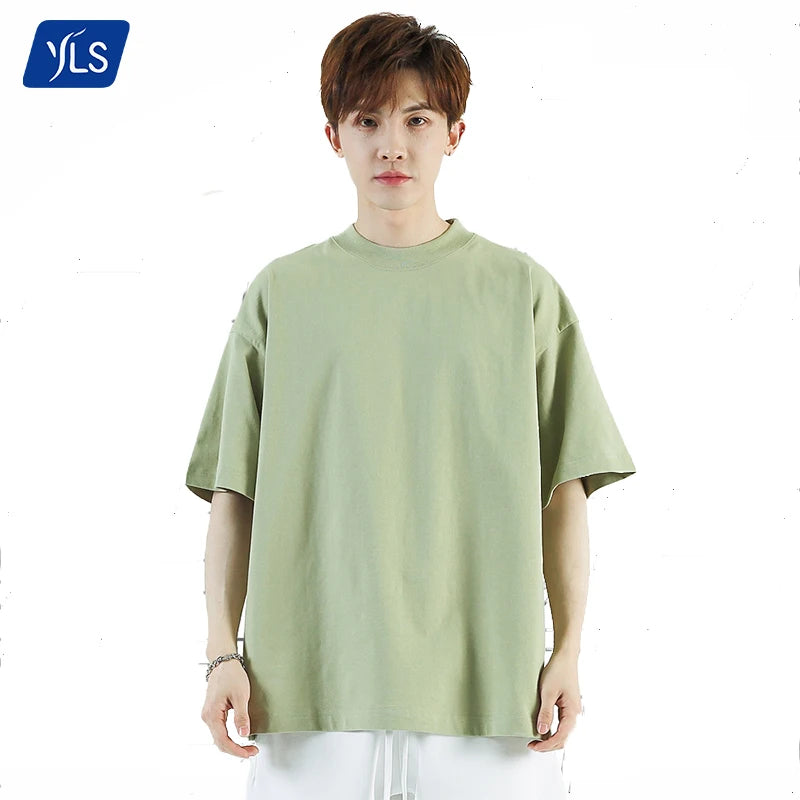 YLS Manufacturing Mens Regular Fit Heavyweight Cotton T Shirts High Collar 245 Gsm Blank Solid