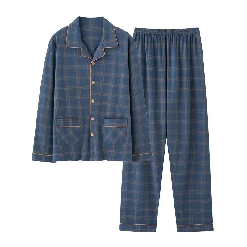 Plus Size Autumn Men's Knitted Cotton Pajamas Set Turn-down Collar Long Sleeve Trousers Casual Sleepwear Home Wear