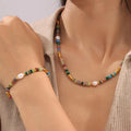 Bohemian Stainless Steel Jewelry Set 18K Gold Plated Colorful Natural Stone Freshwater Pearl Necklace Bracelet Hypoallergenic