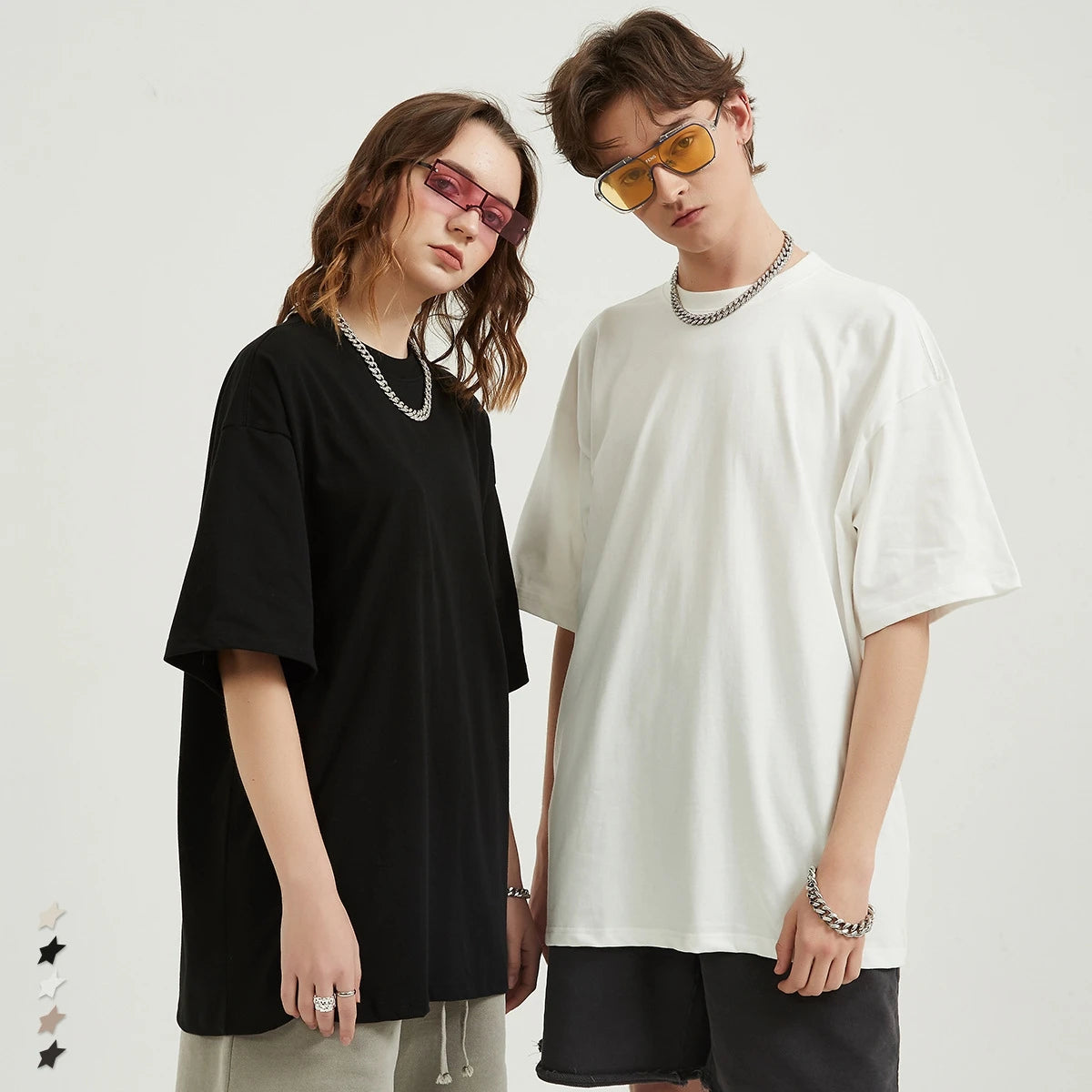 Double Yarn 230g Pure Cotton Solid Color Blank Women Short Sleeve T-shirt Men Drop Shoulder Loose T-shirt