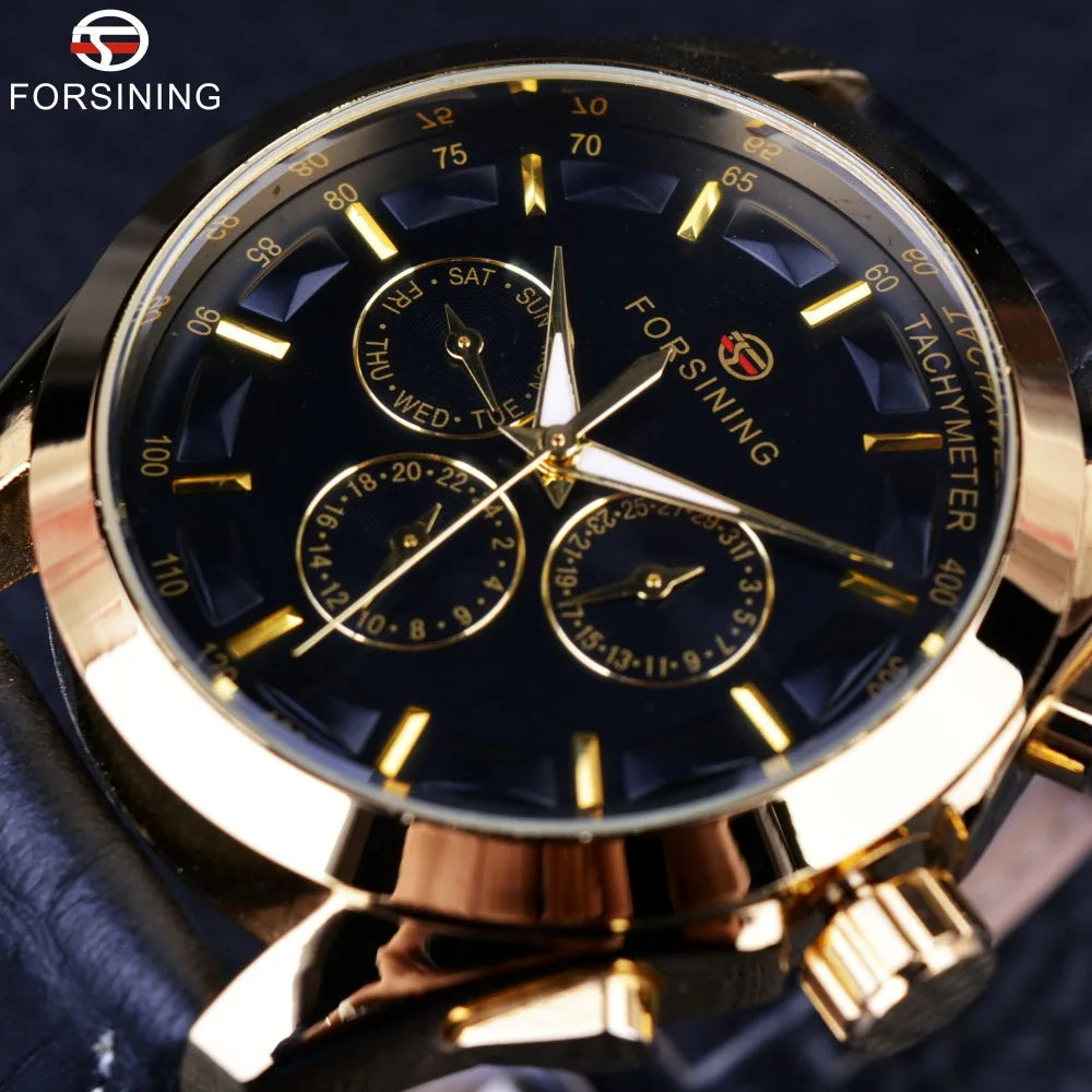 Forsining Watch Men Simple Retro Designer Three Dial Decoration Genuine Leather Luxury Automatic Mechanical Watches Wrist Reloj
