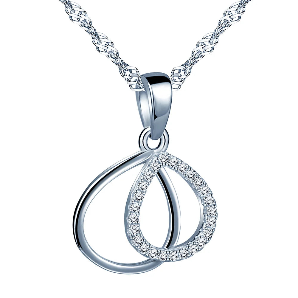 Hollow Double Teardrop Stone-Studded S925 Sterling Silver Pendant Necklace for Women Jeweler