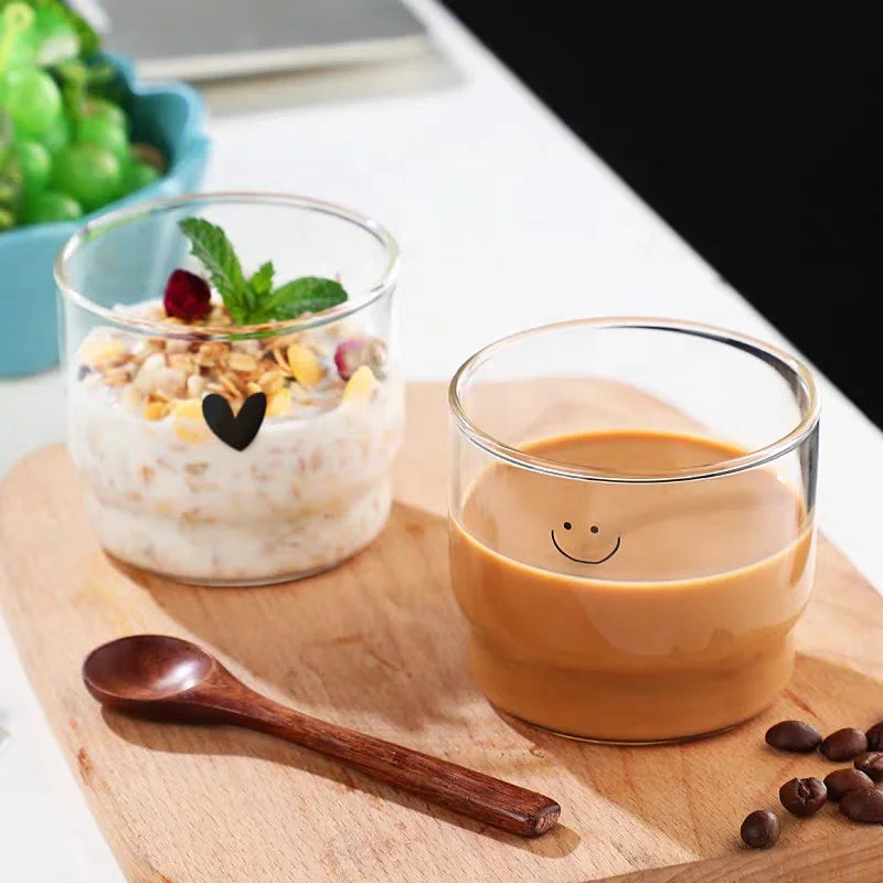 Cute Small Beverage Dessert Pudding Milk Water Tumbler Lovely Stackable Smiling Face Heart High Borosilicate Glass Coffee Mugs