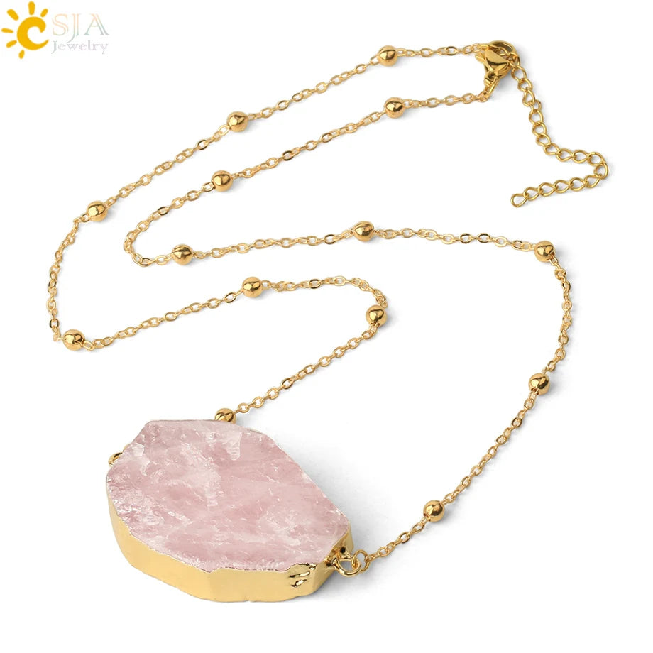 CSJA Wholesale Gold Chain Pendant Natural Irregular Rough Rose Quartz Stone Pendants Necklaces Healing Women Jewelry G494