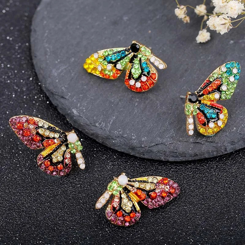 Silver Colorful Diamond Butterfly Ear Studs Korean Cute Stud Earrings Simple Insect Crystal Earring Jewelry For Women