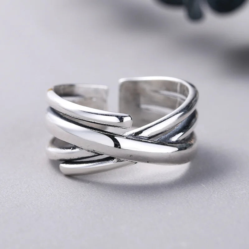 Rainbowking 925 Silver Geometric Lines Crossover Ring Vintage Cool Style Ins Trend Single Rings for Men Fine Jewelry Rings