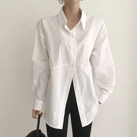 S-2XL Korean Chic Autumn Niche Simple Lapel Irregular Single Breasted Loose Solid Color Bubble Sleeve Shirt