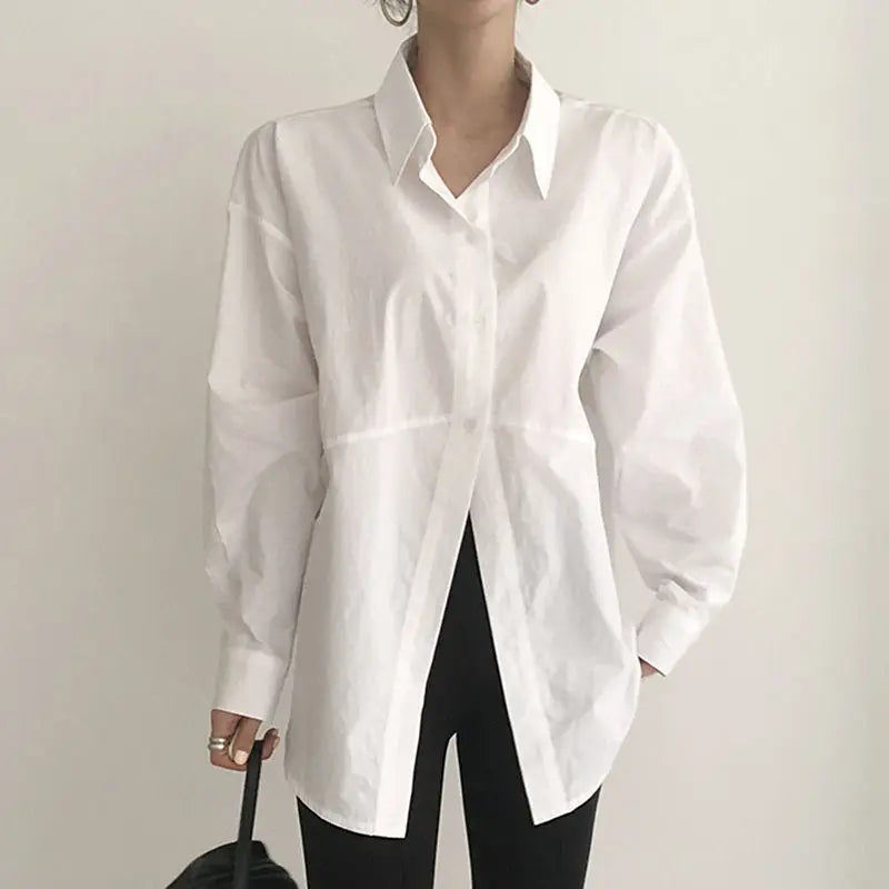 S-2XL Korean Chic Autumn Niche Simple Lapel Irregular Single Breasted Loose Solid Color Bubble Sleeve Shirt