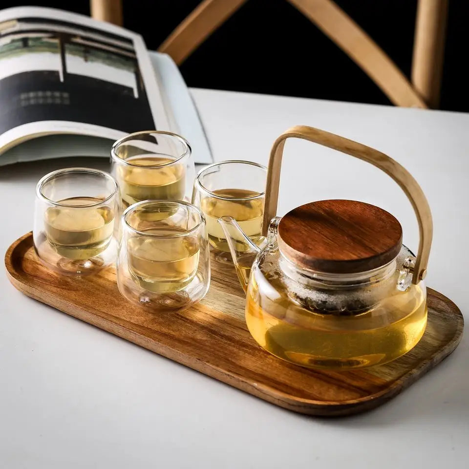 Household Heat-resistant Glass Flower Tea Making Teapot Set with Filter Kettle and Solid Wood Tray Bohemian Design Dwax