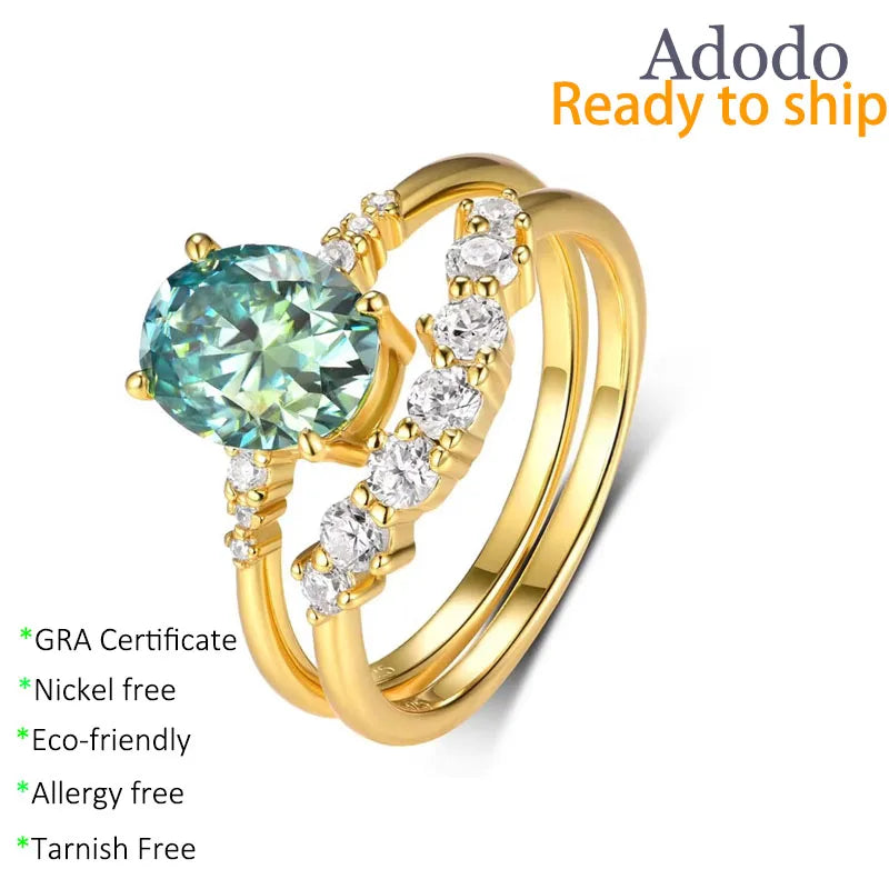 Factory Wholesale Price S925 Silver 2carat Green Oval Cut Moissanite Unique Engagement Layered Ring Set for Women