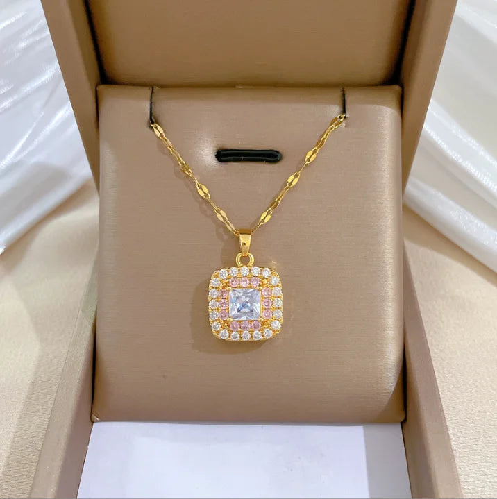 Square Full Diamond  Pendant Stainless Steel Necklace for Women Girls Fashion Jewelry Necklaces