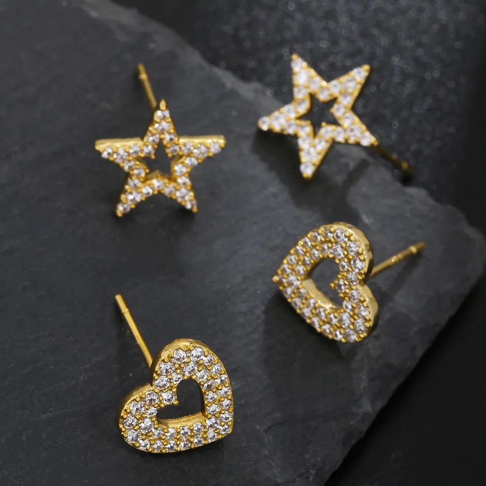 Korean Five-pointed Star Stud Earrings Fashion Women Jewelry Gold Plated Copper Diamond Zircon Heart Love Shaped Girl Earrings