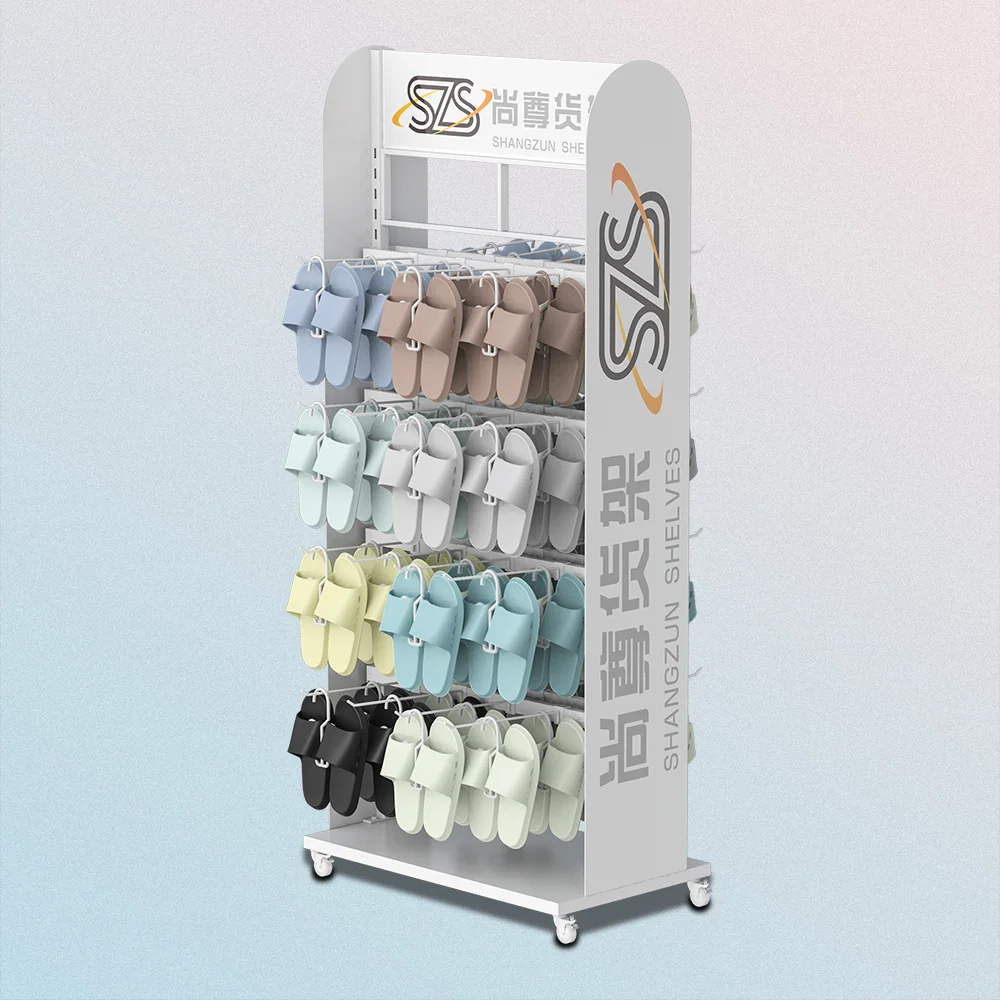 Double Sided Slipper Display Rack Retail Store Universal Wheel Display Rack Belt with Hook Display Rack Supports Customization