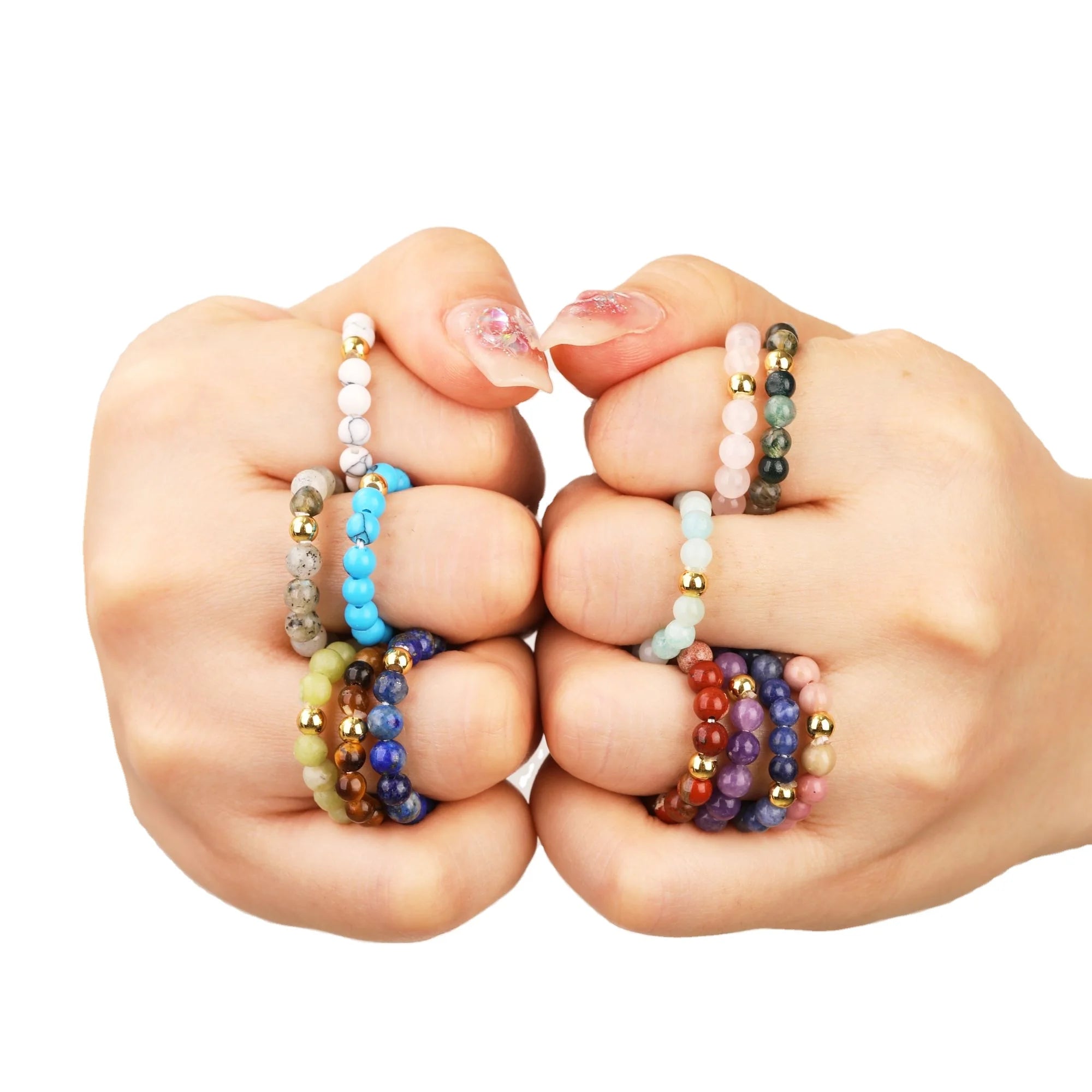 Hot Sale Natural Crystal 4mm Stone Rings Tiny Beads Rose Quartz Amethyst Tiger's Eye Handmade Ring Women Man Gifts