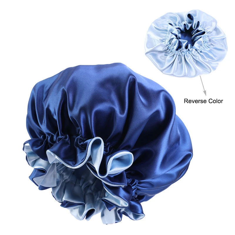 Extra Large Double Layer Silk Satin Bonnet for Women's Beauty Sleep & Bathing/ Shower Cap-Long Curly Hair Adults' Cleaning