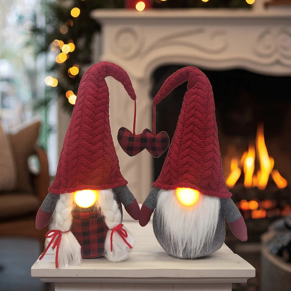 LED Christmas 2026 Mr & Mrs Handmade Xmas Valentine Decor Light up Nose Red Knitted Gnomes Gonk with Heart