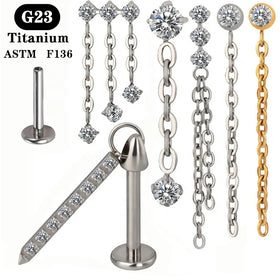 ASTM F136 Silver Color Titanium Drop Earrings with Zircon Daith Rook Lobe Long Pendant Flat Backing Piercing Jewelry