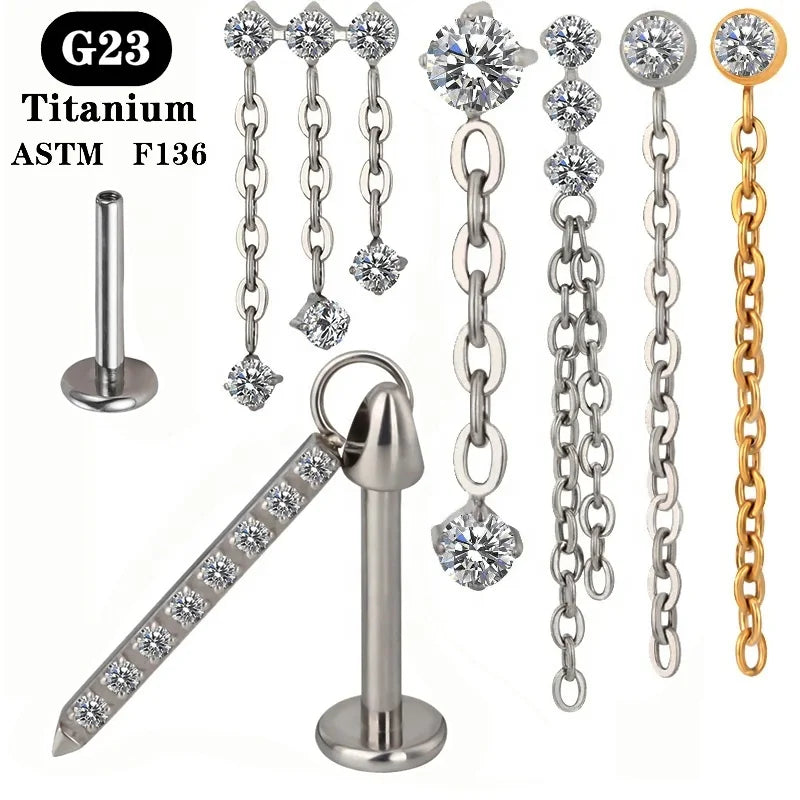 ASTM F136 Silver Color Titanium Drop Earrings with Zircon Daith Rook Lobe Long Pendant Flat Backing Piercing Jewelry