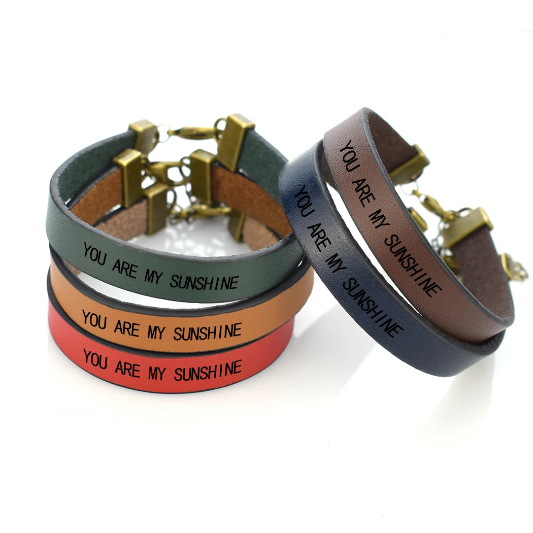 Fashion Gifts Jewelry Wholesale Women Men Couple Bracelets for Lovers With Engraved Text You Are My Sunshine Leather Bangle