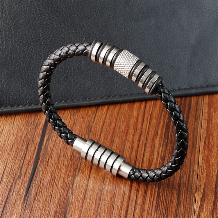 Fashion Jewelry Men's Bangle Stainless Steel Clasp Good Polished Genuine Rope Braided Leather Bracelet for Men